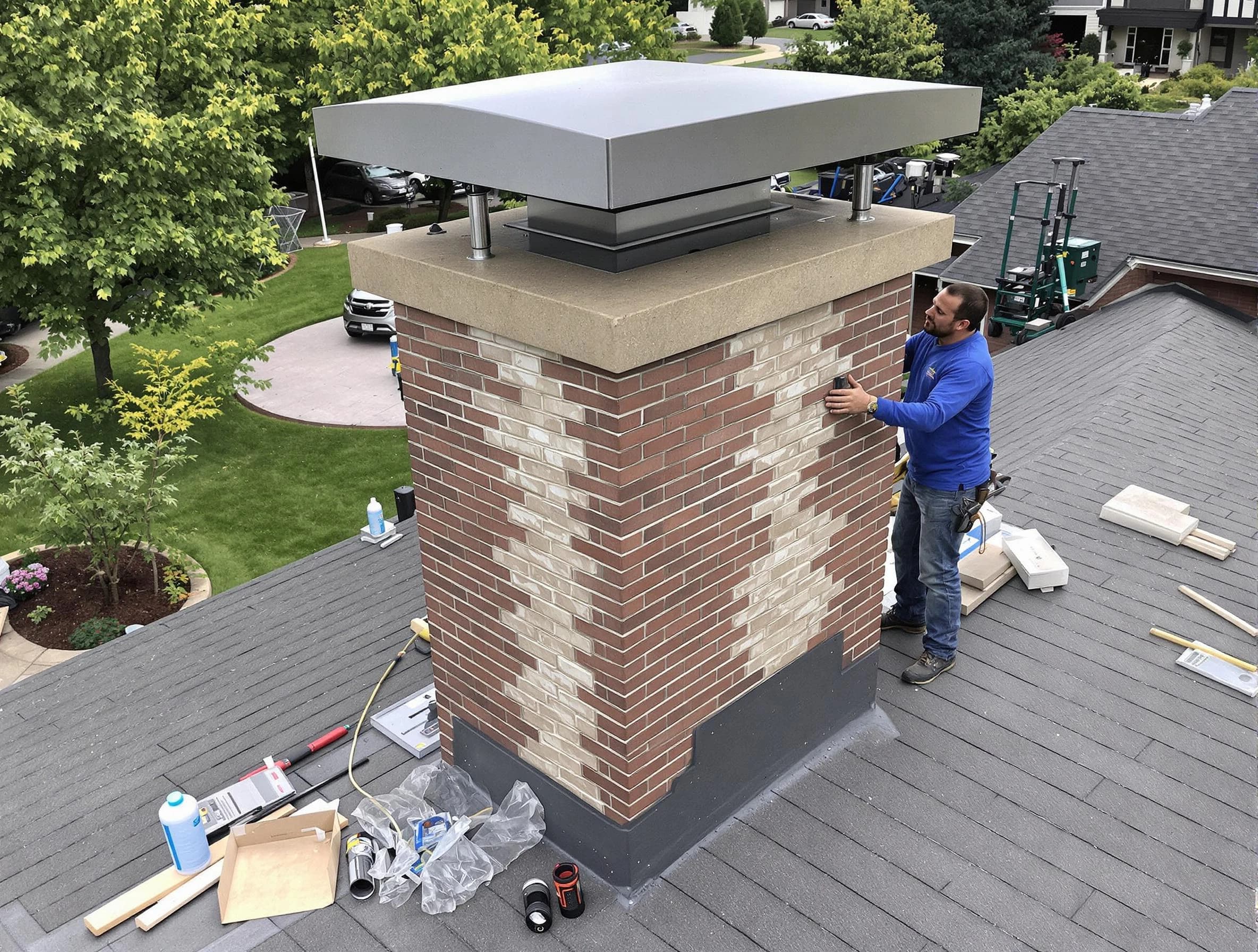 Teaneck Chimney Sweep team working on a custom chimney remodel in Teaneck, NJ