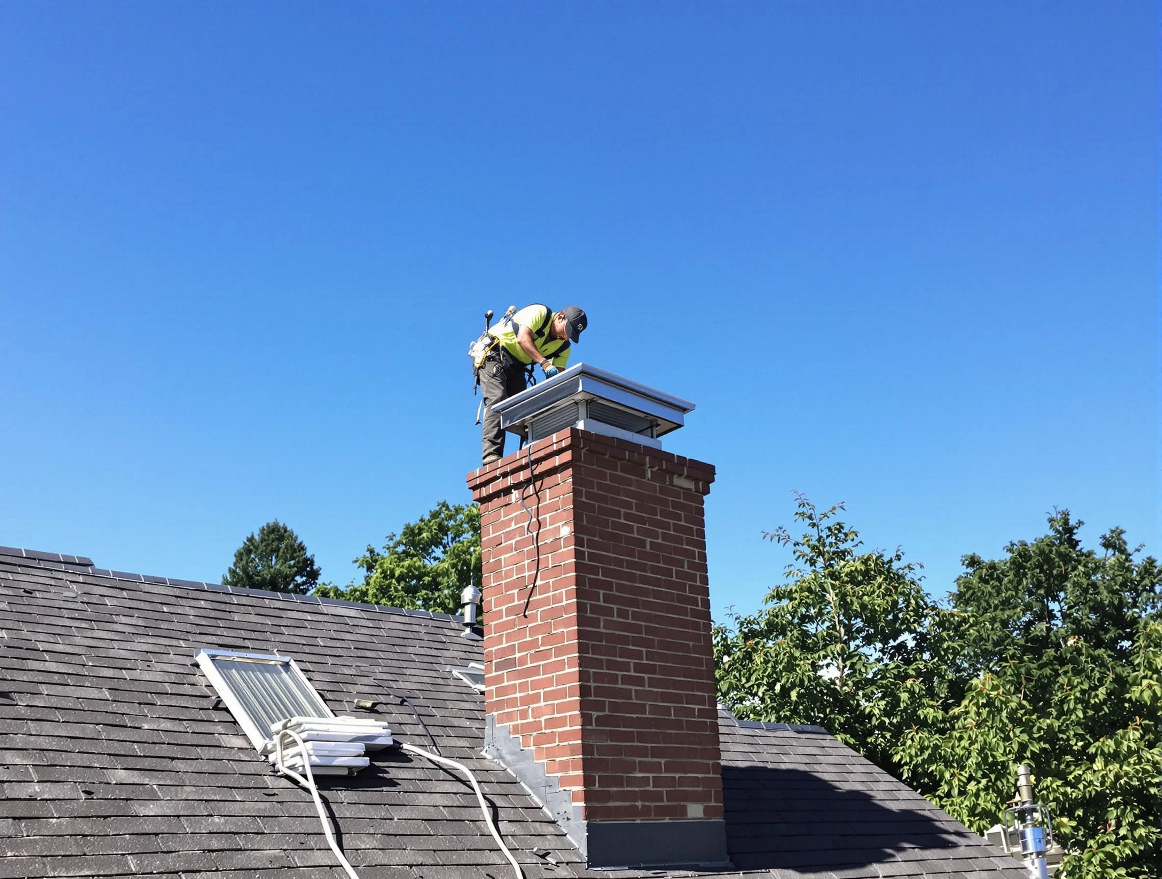 Teaneck Chimney Sweep technician measuring a chimney cap in Teaneck, NJ
